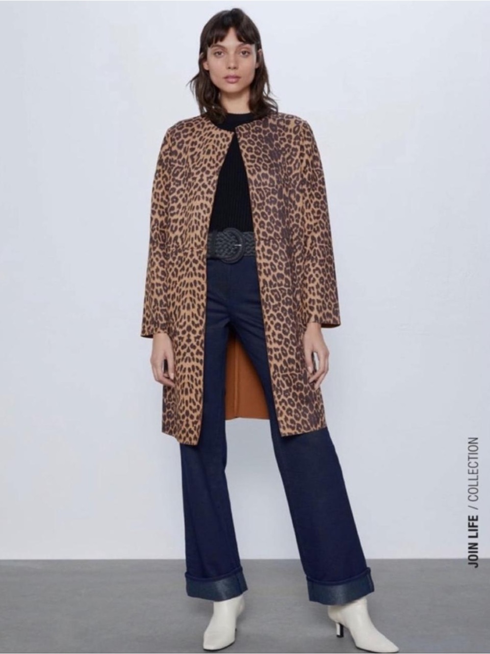 Zara Leopard Print Faux Suede Open Front Long Jacket Coat Size XL